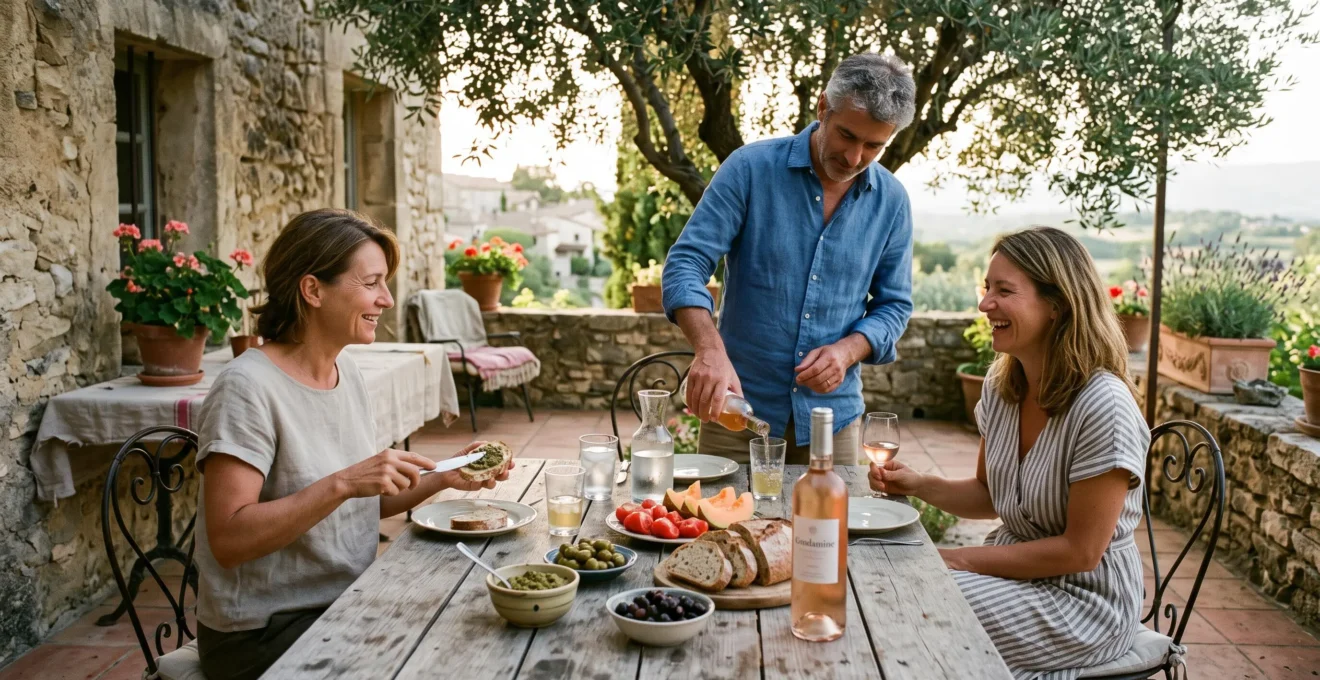 Apéritif partagé sur une terrasse en pierre en Provence, avec tapenade, olives, pain de campagne et bouteille de rosé, au coucher du soleil.