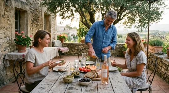 Apéritif partagé sur une terrasse en pierre en Provence, avec tapenade, olives, pain de campagne et bouteille de rosé, au coucher du soleil.