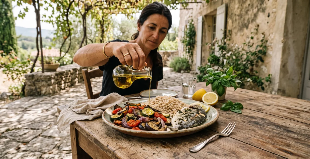 Une main verse un filet d'huile d'olive sur une assiette méditerranéenne composée de légumes rôtis, de riz complet et de poisson grillé, sur une table en bois d'une terrasse provençale.