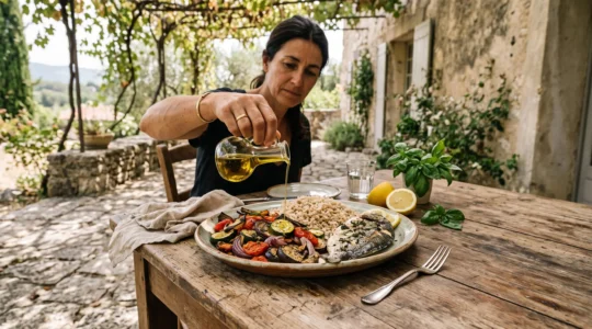Une main verse un filet d'huile d'olive sur une assiette méditerranéenne composée de légumes rôtis, de riz complet et de poisson grillé, sur une table en bois d'une terrasse provençale.