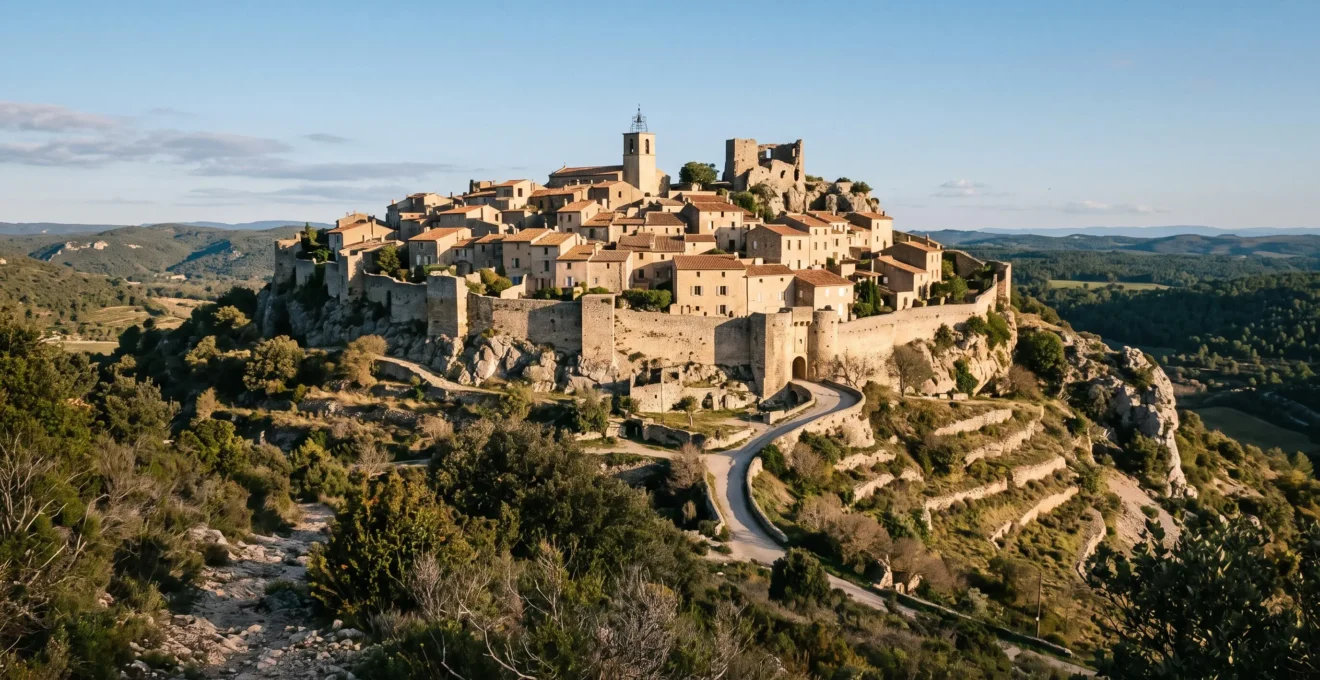 Vue large d'un bourg fortifié perché sur un éperon rocheux en Provence, avec ses maisons en pierre, ses toits de tuiles romanes et la pente escarpée qui entoure le village.