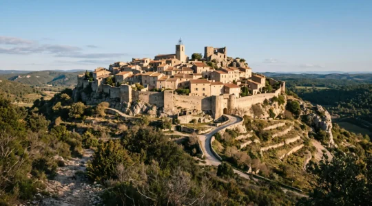 Vue large d'un bourg fortifié perché sur un éperon rocheux en Provence, avec ses maisons en pierre, ses toits de tuiles romanes et la pente escarpée qui entoure le village.