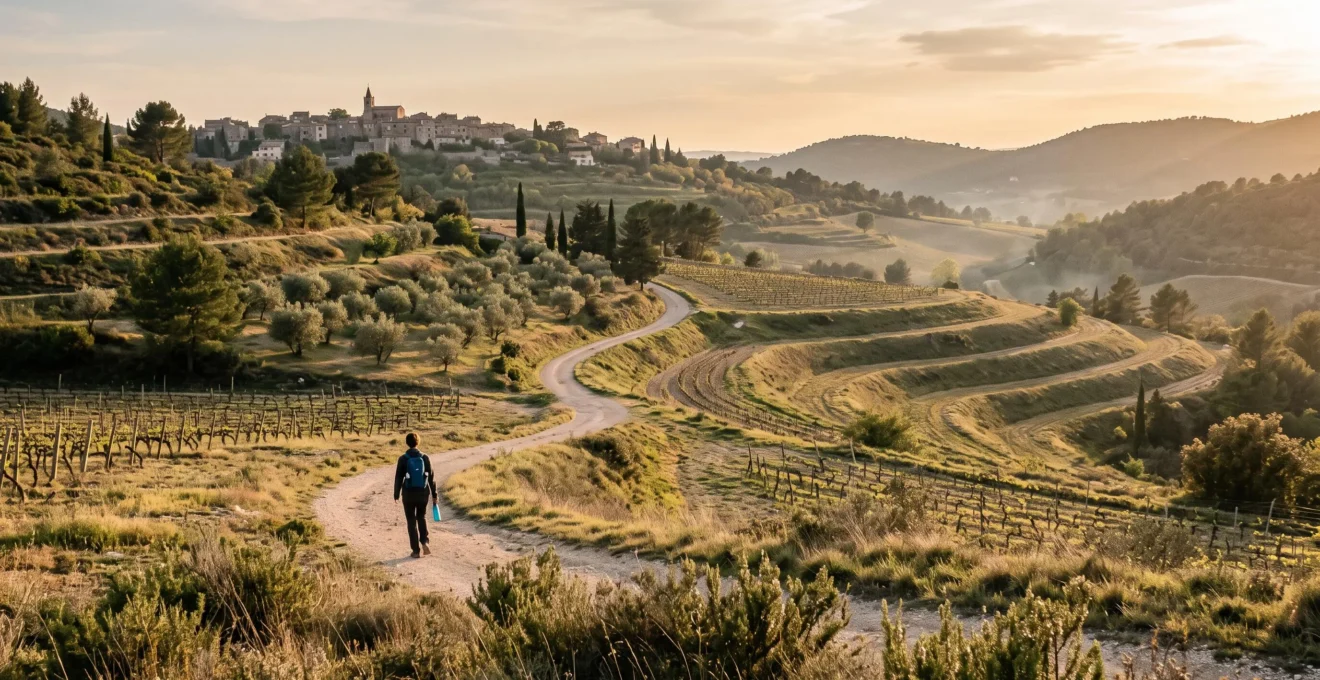 Sentier de terre serpentant entre vignes et oliviers sur les collines douces de Provence intérieure, avec un randonneur marchant paisiblement sous une lumière de fin d'après-midi.