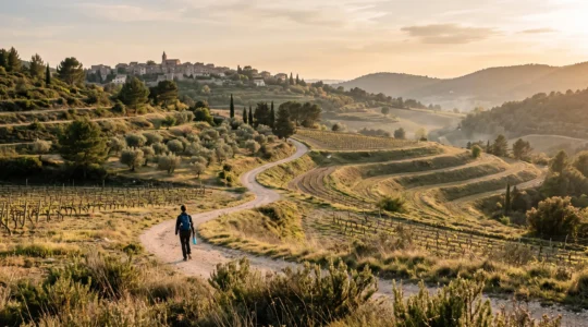 Sentier de terre serpentant entre vignes et oliviers sur les collines douces de Provence intérieure, avec un randonneur marchant paisiblement sous une lumière de fin d'après-midi.