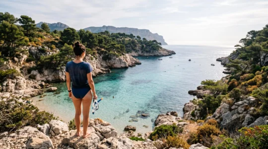 Un baigneur avec masque et tuba observe une crique aux eaux turquoise sur le littoral varois avant d'entrer dans l'eau.