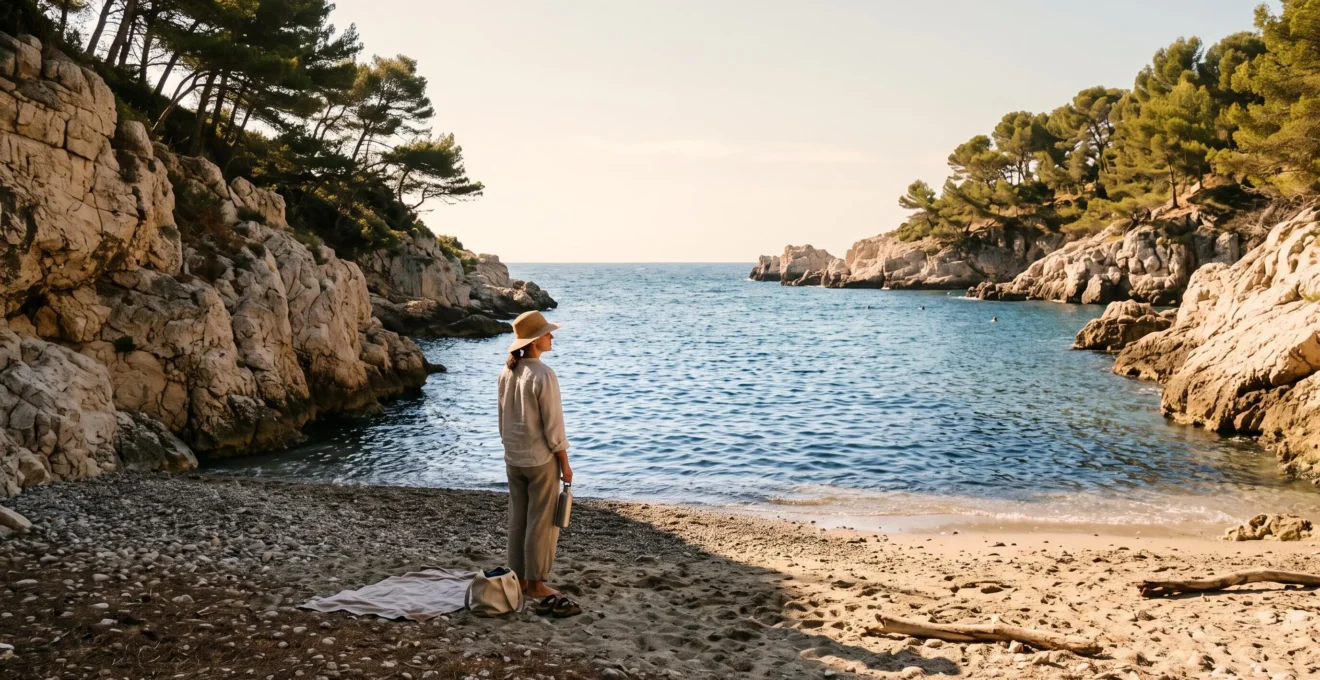 Une femme à l'ombre des pins au bord d'une crique varoise au matin, la partie exposée de la plage déjà en plein soleil et la mer agitée par la brise.
