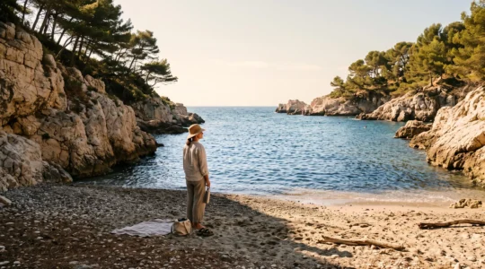 Une femme à l'ombre des pins au bord d'une crique varoise au matin, la partie exposée de la plage déjà en plein soleil et la mer agitée par la brise.