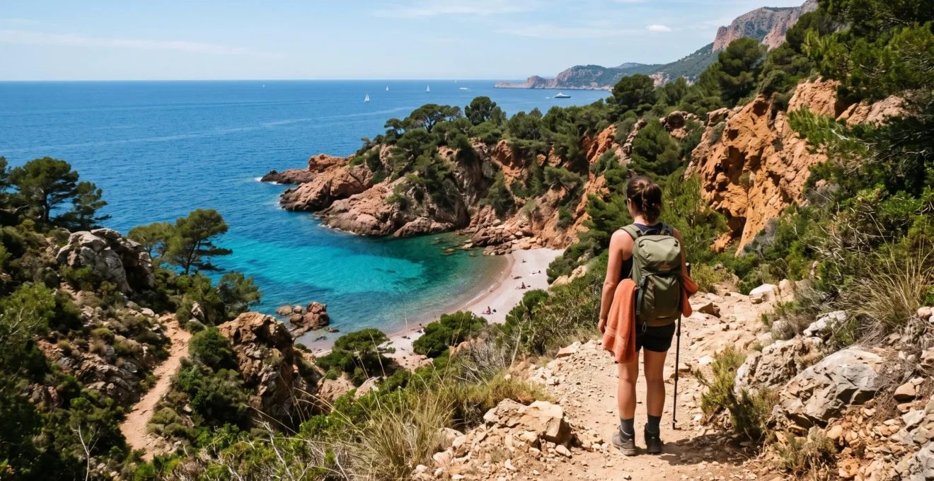 Un randonneur descend un sentier de falaise vers une crique rocheuse sauvage aux eaux turquoise dans le Var.