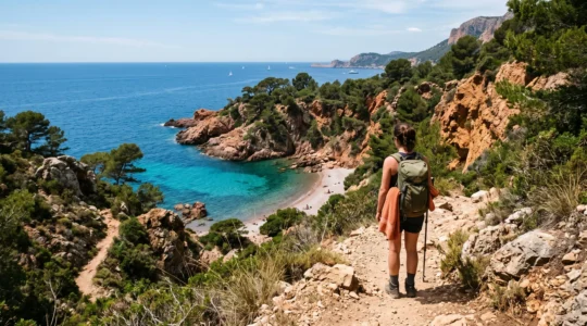 Un randonneur descend un sentier de falaise vers une crique rocheuse sauvage aux eaux turquoise dans le Var.