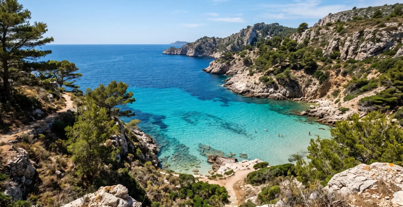Vue en hauteur d'une crique du Var avec une eau turquoise translucide sur un fond clair près du rivage et un bleu profond au large