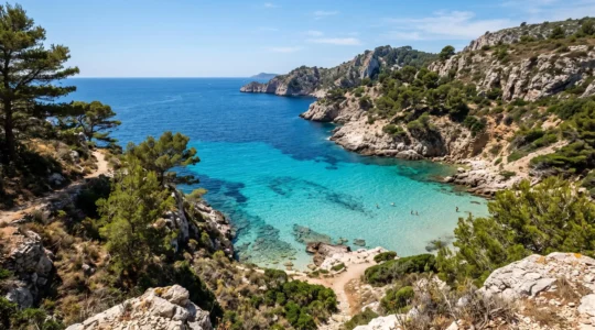 Vue en hauteur d'une crique du Var avec une eau turquoise translucide sur un fond clair près du rivage et un bleu profond au large