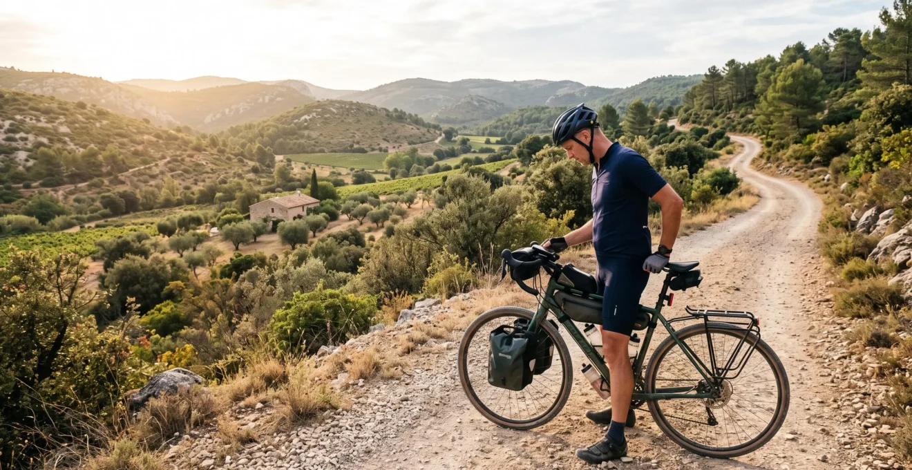 Un cycliste en tenue légère consulte le profil d'itinéraire sur un GPS fixé au guidon de son vélo, sur un chemin de terre caillouteux au milieu des collines provençales.
