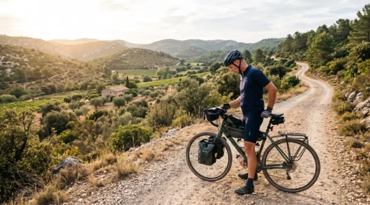 Un cycliste en tenue légère consulte le profil d'itinéraire sur un GPS fixé au guidon de son vélo, sur un chemin de terre caillouteux au milieu des collines provençales.