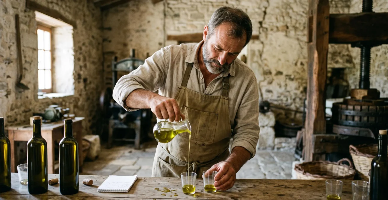 Un producteur évalue au nez une huile d'olive dans un verre de dégustation, au comptoir en bois d'un moulin provençal en pierre.