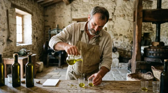 Un producteur évalue au nez une huile d'olive dans un verre de dégustation, au comptoir en bois d'un moulin provençal en pierre.
