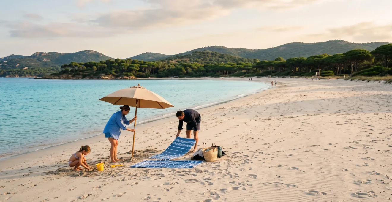 Une famille installe un parasol et des serviettes sur une grande plage de sable fin du Var tôt le matin, avant l'affluence.
