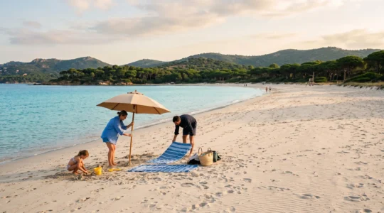 Une famille installe un parasol et des serviettes sur une grande plage de sable fin du Var tôt le matin, avant l'affluence.