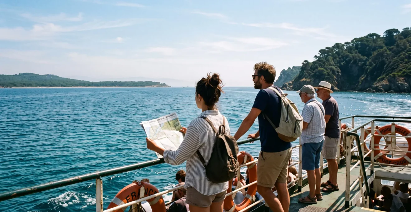 Passagers sur un ferry en direction des îles de Porquerolles et Port-Cros dans le Var, silhouettes des deux îles à l'horizon.