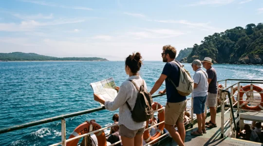 Passagers sur un ferry en direction des îles de Porquerolles et Port-Cros dans le Var, silhouettes des deux îles à l'horizon.