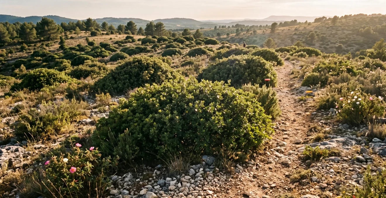 Paysage de garrigue sur calcaire dans le Var avec fourrés bas de chêne kermès et sentier de randonnée en lisière.