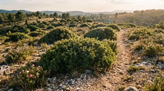 Paysage de garrigue sur calcaire dans le Var avec fourrés bas de chêne kermès et sentier de randonnée en lisière.