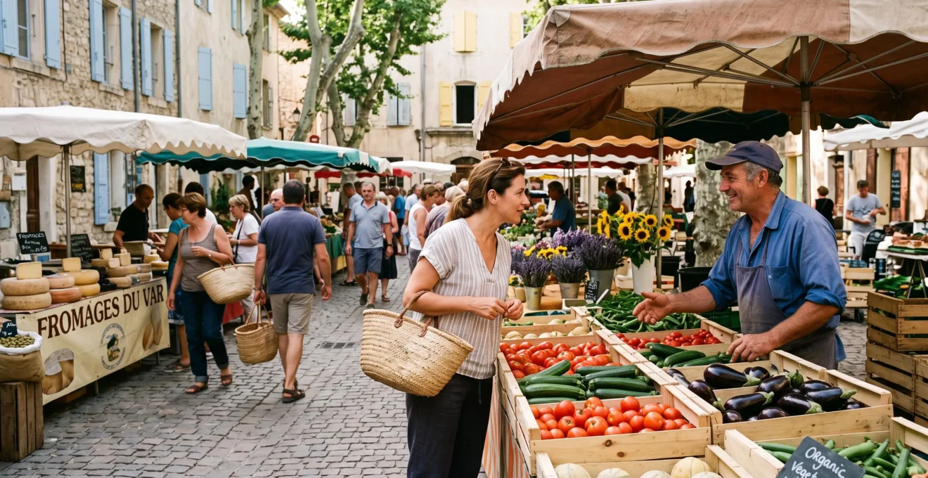 Une cliente échange avec un producteur derrière ses cageots de légumes sur un marché provençal installé sur une place de village.