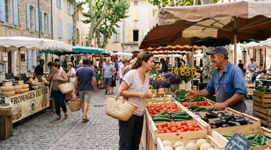 Une cliente échange avec un producteur derrière ses cageots de légumes sur un marché provençal installé sur une place de village.