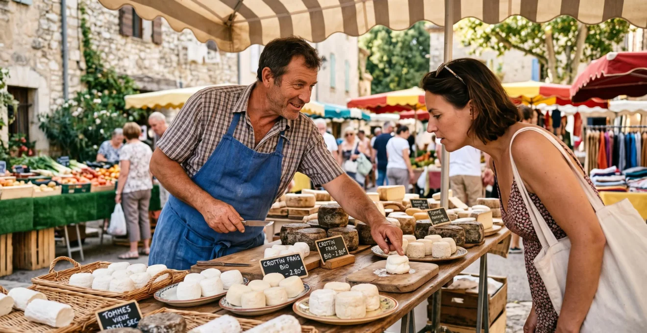Un producteur montre des fromages de chèvre de différentes maturités à un client sur un étal de marché provençal.