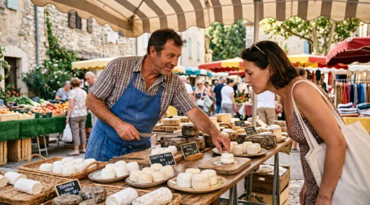 Un producteur montre des fromages de chèvre de différentes maturités à un client sur un étal de marché provençal.