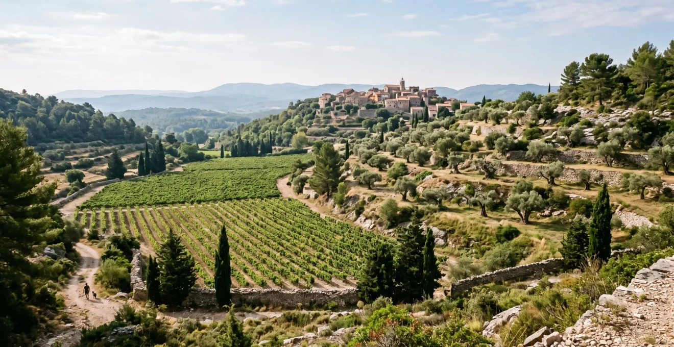 Paysage agricole de Provence associant un vignoble aux rangs réguliers dans le vallon et des oliveraies sur des restanques pierreuses surplombées par un village perché.