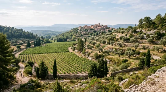 Paysage agricole de Provence associant un vignoble aux rangs réguliers dans le vallon et des oliveraies sur des restanques pierreuses surplombées par un village perché.