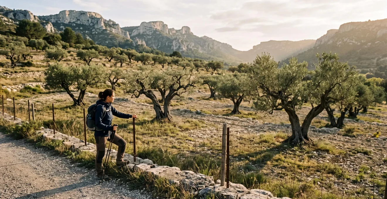 Un randonneur s'arrête en bord de route pour observer une oliveraie d'oliviers tortueux plantés sur un coteau calcaire et pierreux des Alpilles, en fin de journée.