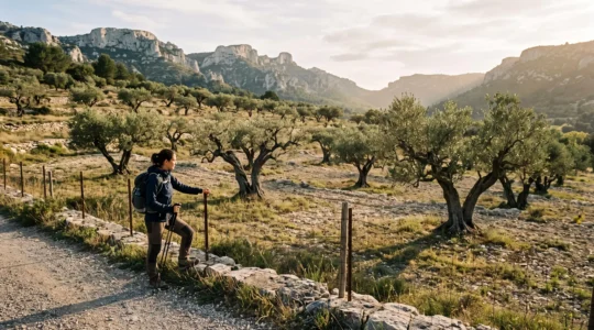Un randonneur s'arrête en bord de route pour observer une oliveraie d'oliviers tortueux plantés sur un coteau calcaire et pierreux des Alpilles, en fin de journée.