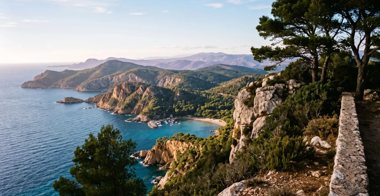 Panorama depuis un belvédère du littoral varois montrant des falaises calcaires, une crique aux eaux bleues et des collines boisées en arrière-plan.