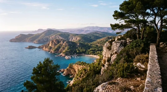 Panorama depuis un belvédère du littoral varois montrant des falaises calcaires, une crique aux eaux bleues et des collines boisées en arrière-plan.