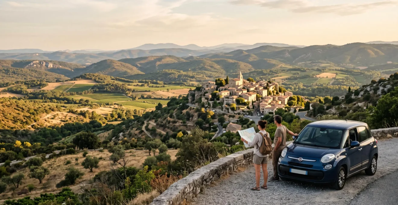 Vue depuis une route de crête du Haut-Var sur un village perché, des collines de garrigue et des plaines viticoles, avec deux visiteurs arrêtés à un point de vue.