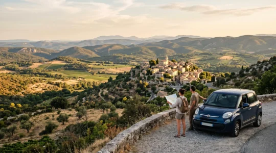Vue depuis une route de crête du Haut-Var sur un village perché, des collines de garrigue et des plaines viticoles, avec deux visiteurs arrêtés à un point de vue.