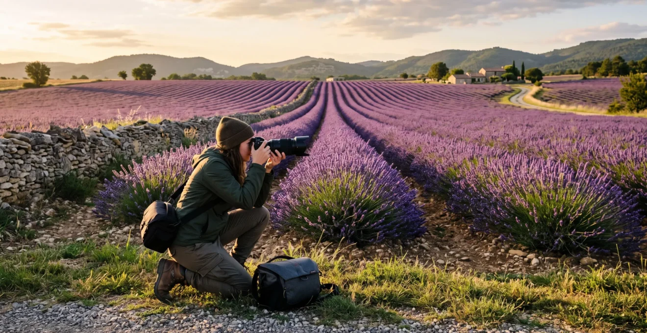 Un photographe à genou au bord d'un champ de lavande en Provence photographie les rangs en fleurs avec un téléobjectif sans entrer dans la culture.