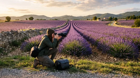 Un photographe à genou au bord d'un champ de lavande en Provence photographie les rangs en fleurs avec un téléobjectif sans entrer dans la culture.