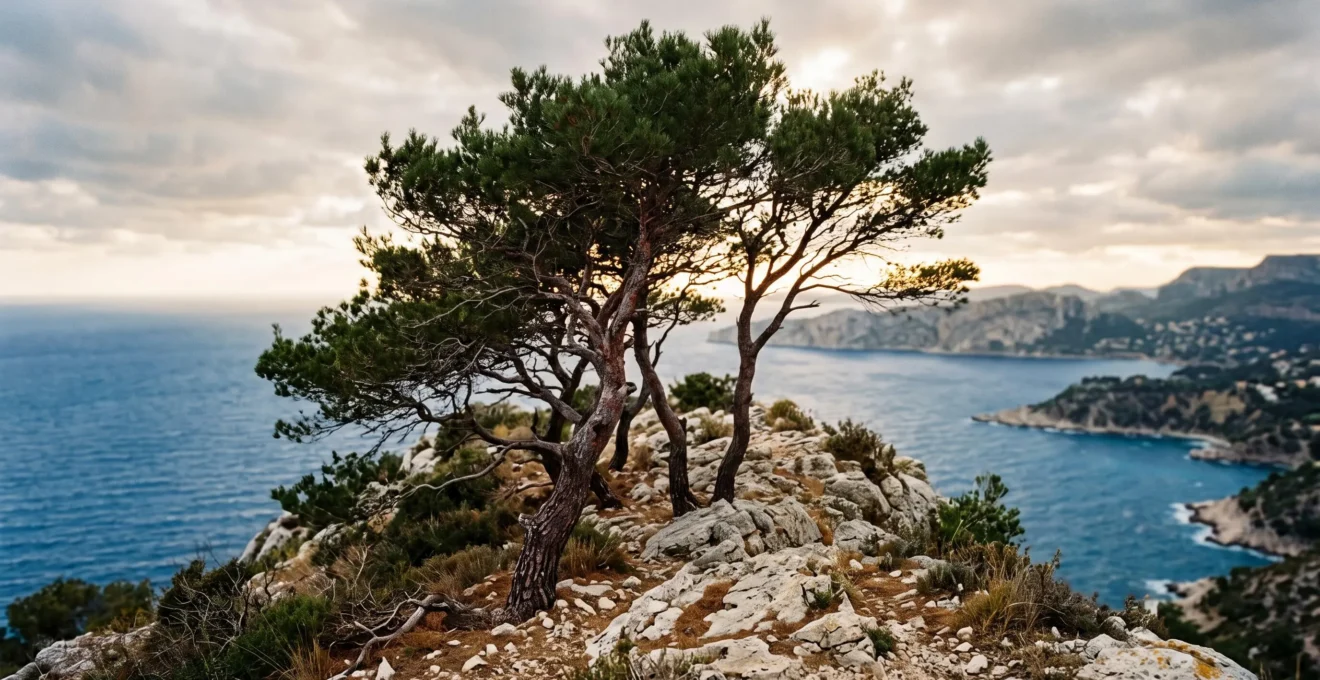 Pins d'Alep au port tortueux poussant sur une crête rocheuse calcaire face à la mer, sur le littoral du Var.