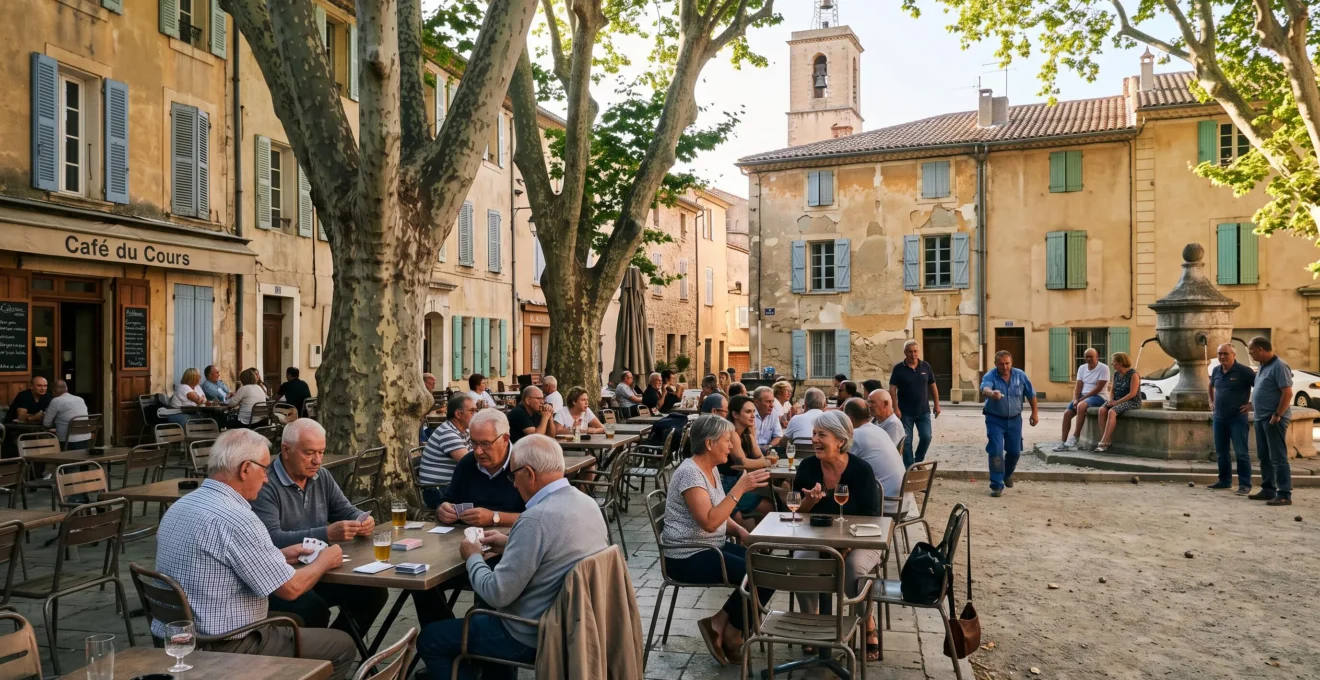 Terrasse de café animée sur une place de village provençale à l'heure de l'apéritif, sous de grands platanes, avec une partie de boules près de la fontaine.