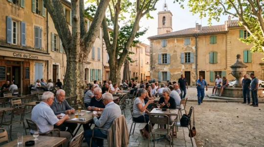 Terrasse de café animée sur une place de village provençale à l'heure de l'apéritif, sous de grands platanes, avec une partie de boules près de la fontaine.