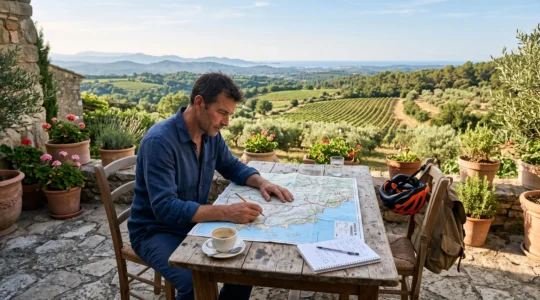 Un voyageur trace son itinéraire sur une carte du Var, attablé sur la terrasse en pierre de son hébergement au lever du jour.