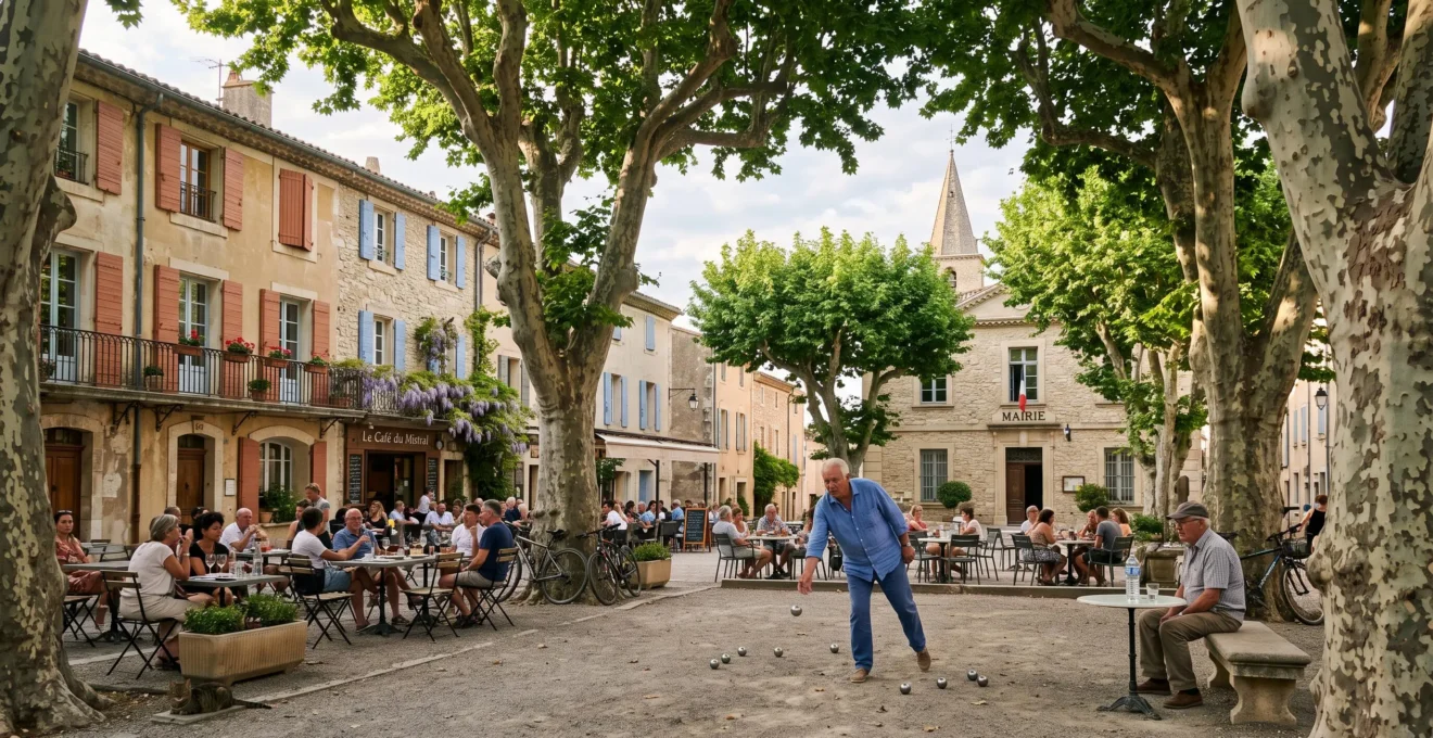Place de village provençale ombragée par de grands platanes centenaires, avec des terrasses de café et des habitants jouant à la pétanque sous l'ombre des arbres.