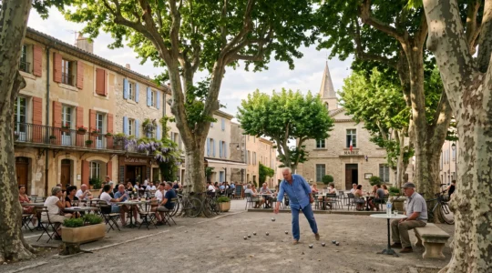 Place de village provençale ombragée par de grands platanes centenaires, avec des terrasses de café et des habitants jouant à la pétanque sous l'ombre des arbres.