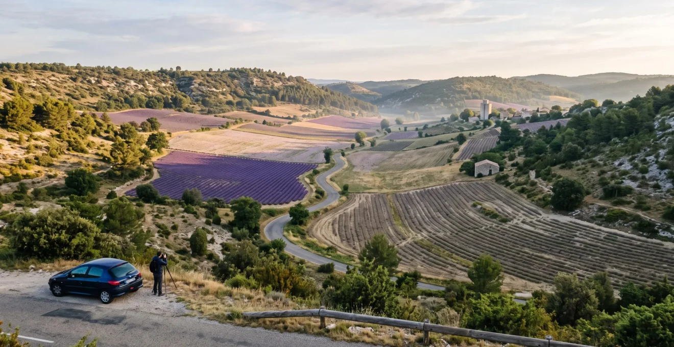 Vue plongeante depuis une route de crête varoise sur plusieurs plateaux de lavande à des stades de floraison différents, avec une voiture garée en bord de route au lever du jour.