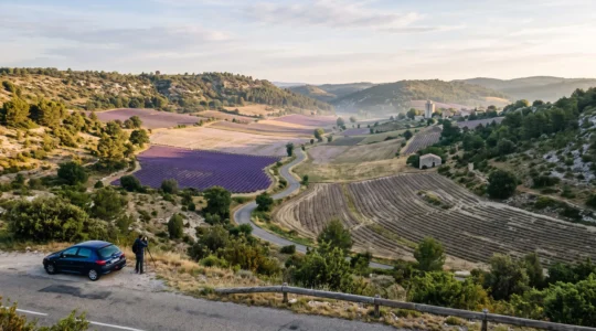 Vue plongeante depuis une route de crête varoise sur plusieurs plateaux de lavande à des stades de floraison différents, avec une voiture garée en bord de route au lever du jour.