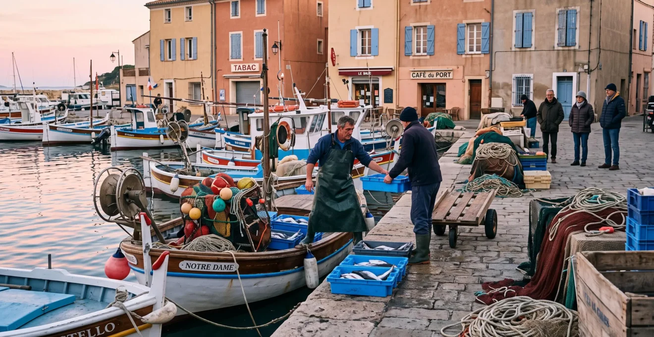 Un pêcheur décharge des caisses de poisson sur le quai d'un petit port de pêche provençal tandis que des visiteurs observent à distance respectueuse.