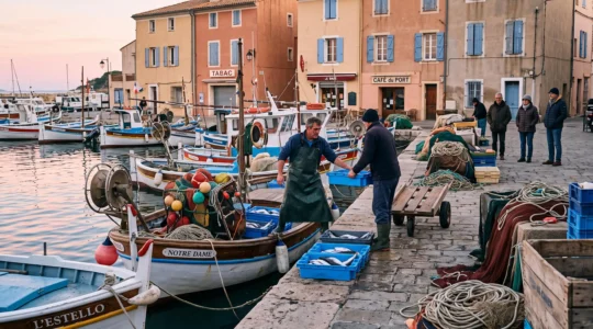 Un pêcheur décharge des caisses de poisson sur le quai d'un petit port de pêche provençal tandis que des visiteurs observent à distance respectueuse.