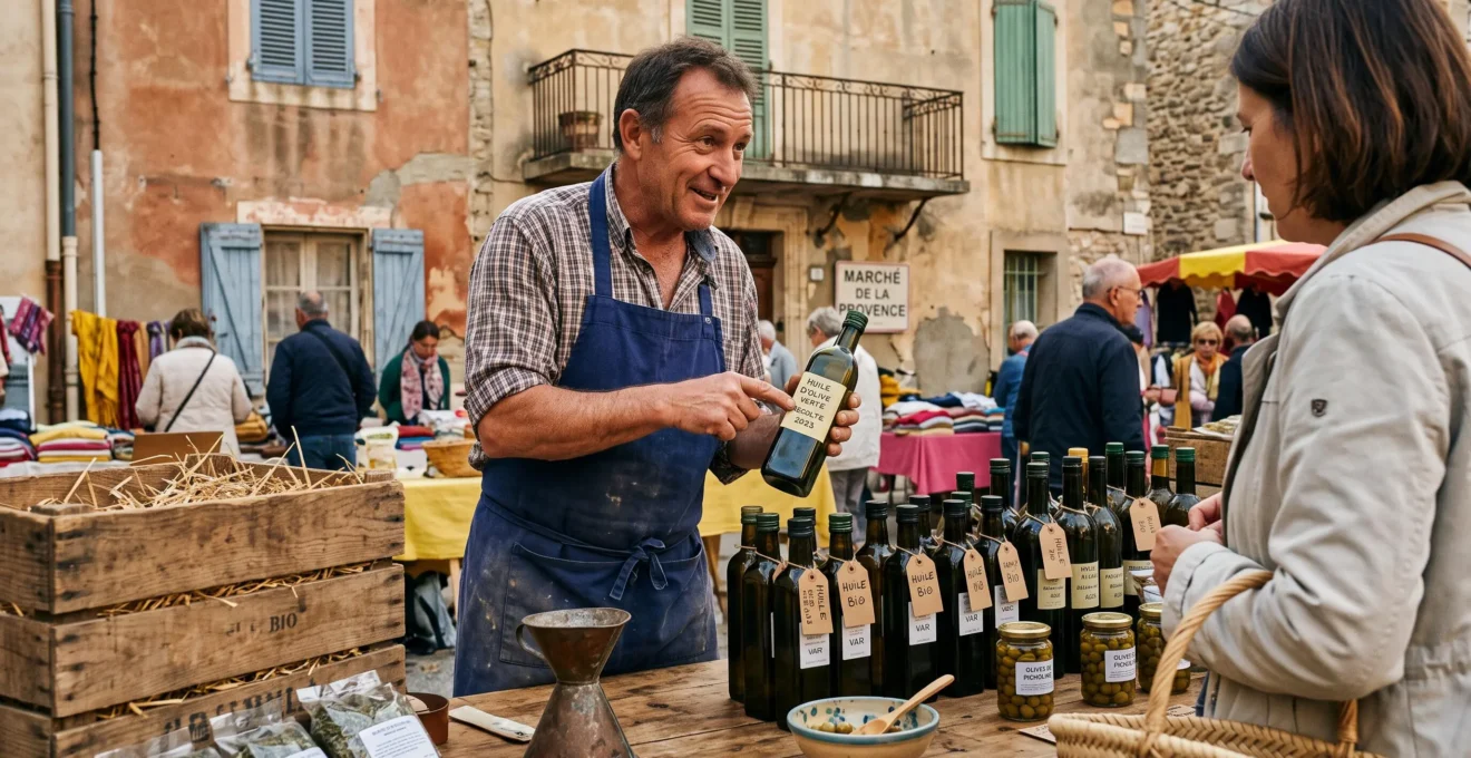 Un producteur présente des bouteilles d'huile d'olive sur son étal lors d'un marché provençal dans le Var.